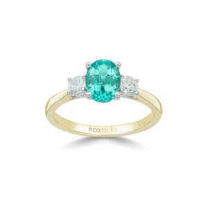 Colour Editions Oval-Cut Synthetic Chrysoberyl and Laboratory-Grown Diamond Trilogy Ring in 9ct Yellow Gold (1.48cts)