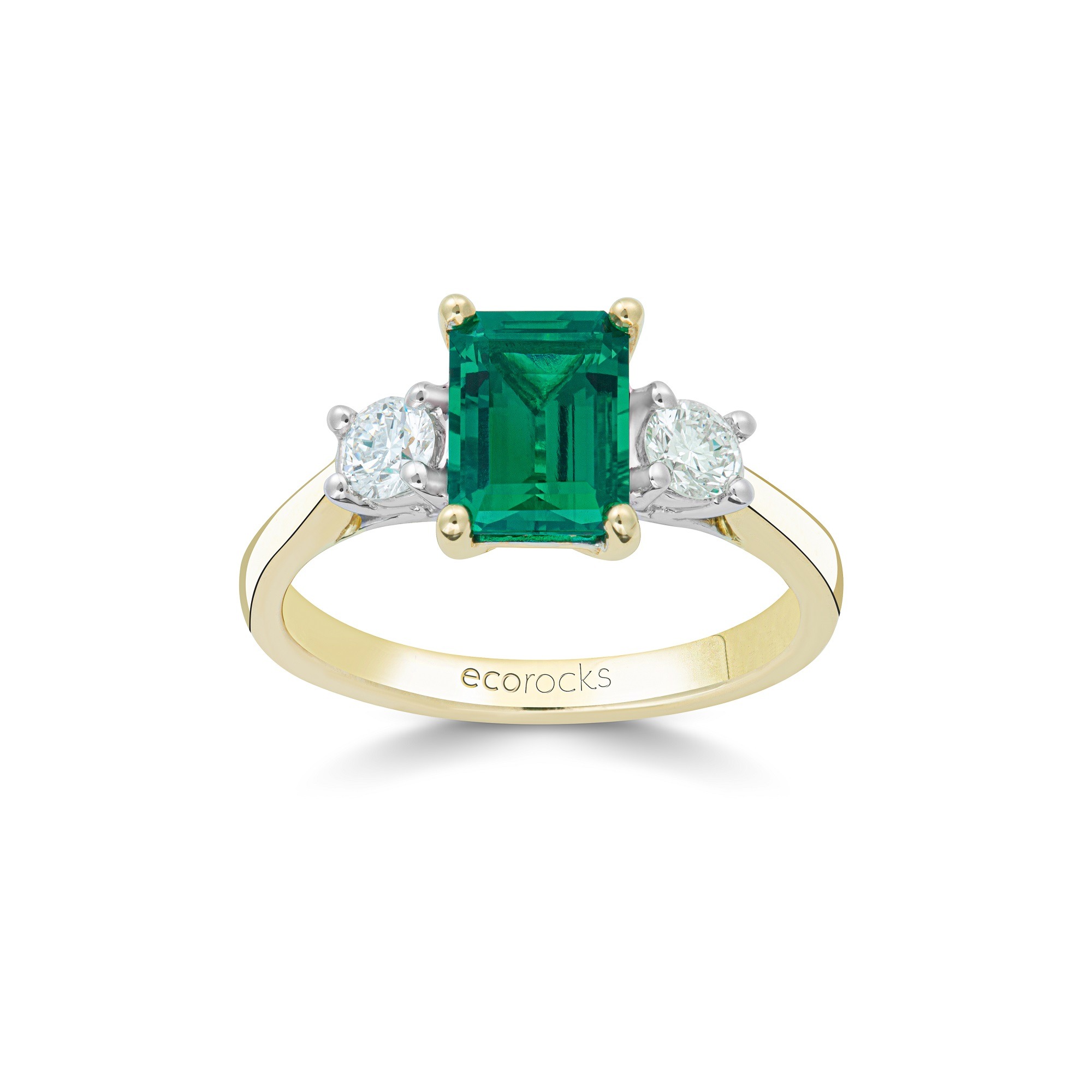 Colour Editions Emerald-Cut Synthetic Emerald and Laboratory-Grown Diamond Trilogy Ring in 9ct Yellow Gold (1.38cts)
