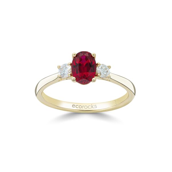 Colour Editions Oval-Cut Synthetic Ruby and Laboratory-Grown Diamond Trilogy Ring in 9ct Yellow Gold (1.04cts)