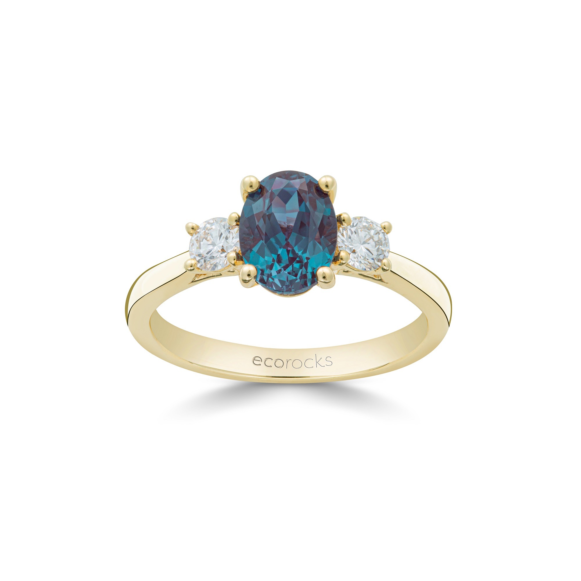 Colour Editions Oval-Cut Synthetic Alexandrite and Laboratory-Grown Diamond Trilogy Ring in 9ct Yellow Gold (1.58ts)