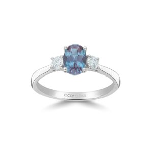 Colour Editions Oval-Cut Synthetic Alexandrite and Laboratory-Grown Diamond Trilogy Ring in 9ct White Gold (0.92cts)