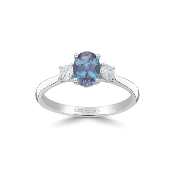 Colour Editions Oval-Cut Synthetic Alexandrite and Laboratory-Grown Diamond Trilogy Ring in 9ct White Gold (0.92cts)