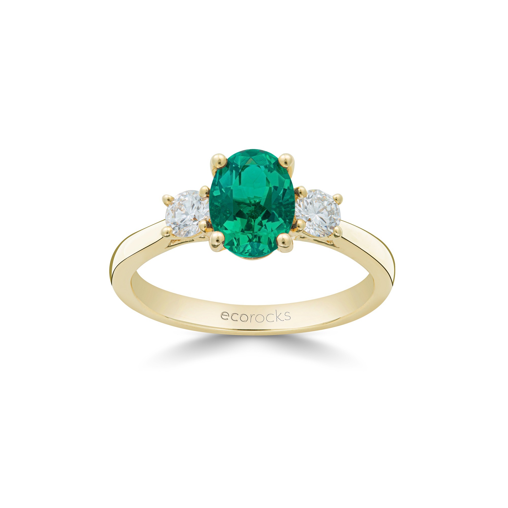Colour Editions Oval-Cut Synthetic Emerald and Laboratory-Grown Diamond Trilogy Ring in 9ct Yellow Gold (1.16cts)