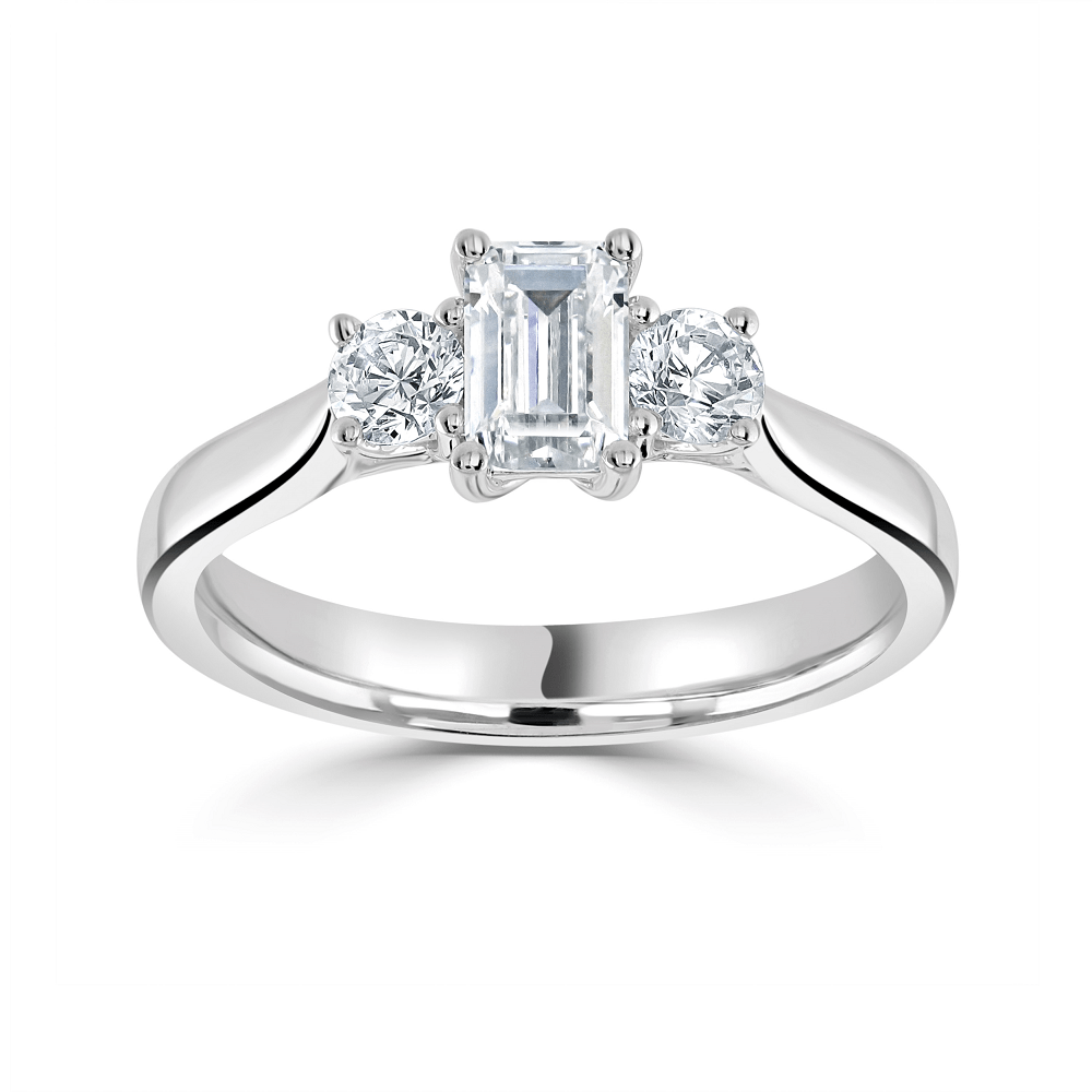 Ladies Trilogy Diamond Engagement Ring, Platinum Claw Set Design, Emerald  Cut Diamond Centre Stone 0.63ct, F Colour, VS Clarity, Emerald Cut Diamond  Side Stones 0.86ct (2), F Colour, VS Clarity - Blair